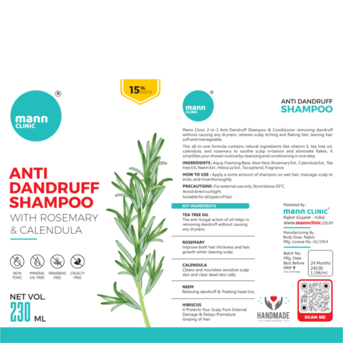 Mann Clinic Anti-Dandruff Shampoo with Rosemary and Calendula 230ml Mann Clinic 2-in-1 Anti-Dandruff Shampoo & Conditioner with Rosemary & Calendula for all hair types. Soothes scalp, eliminates flakes, and leaves hair soft and manageable.