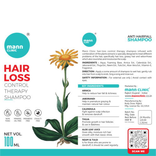 Mann Clinic Anti Hairfall Shampoo bottle with key ingredients and benefits listed. This version is the 100ml size.