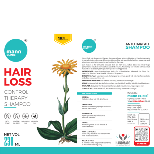 Mann Clinic Anti Hairfall Shampoo bottle with key ingredients and benefits listed.