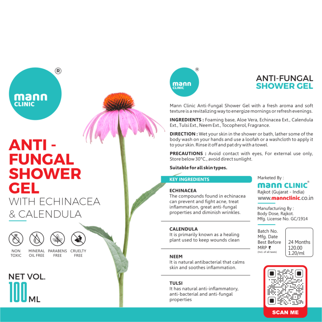 Mann Clinic Anti-Fungal Shower Gel with Echinacea & Calendula - 100ml bottle. Soothes skin, treats fungal infections, and promotes healthy skin with natural ingredients.