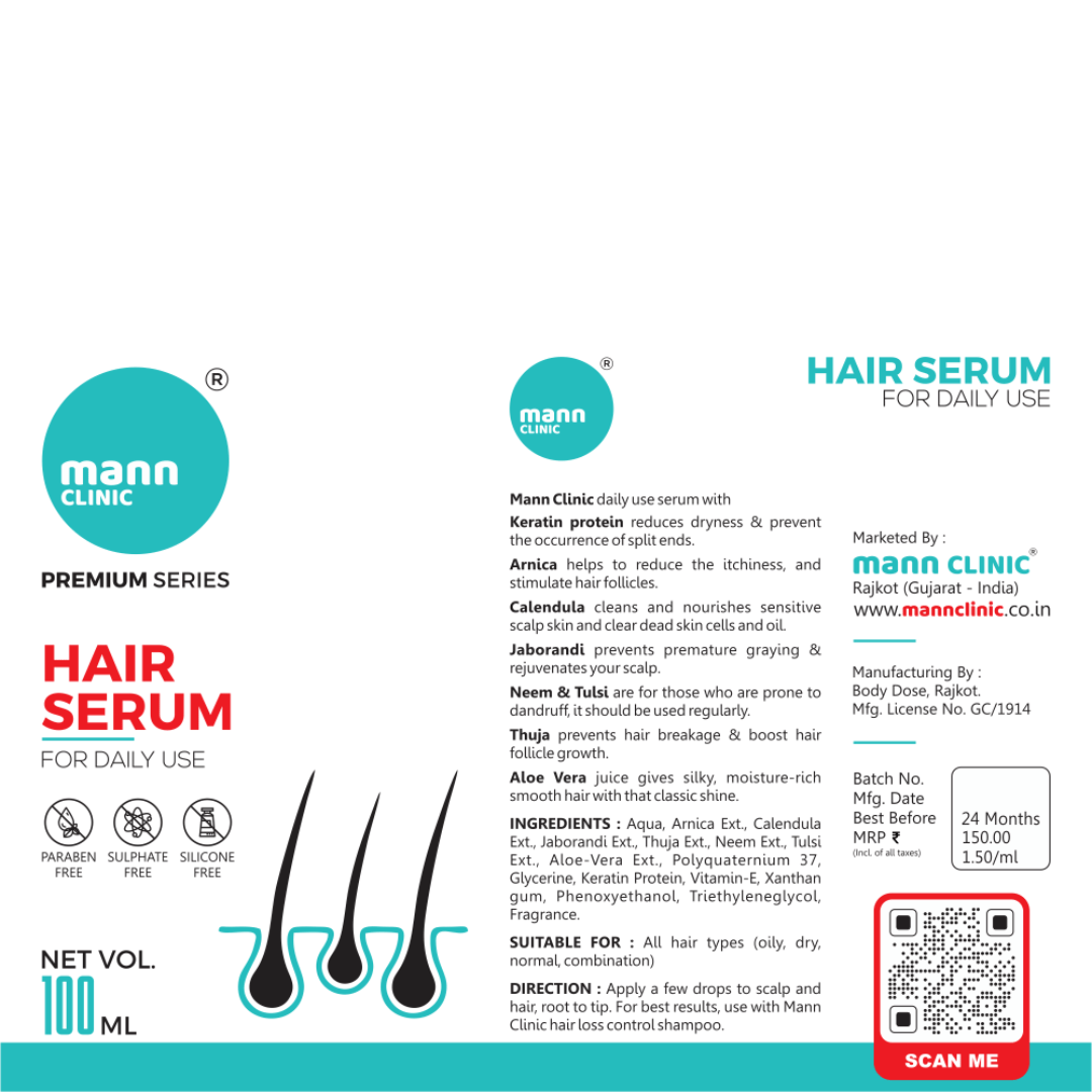 Mann Clinic Hair Serum for daily use with Keratin protein. Reduces dryness, prevents split ends, and promotes healthy hair growth. Paraben, Sulfate & Silicone free. Suitable for all hair types.